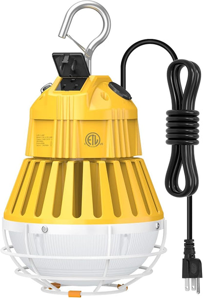 LED Temporary Work Light 60W, 7800LM 5000K Portable Hanging Construction Light with 10ft Cable Plug and Sturdy Hooks Linkable LED Work Light for Job Site Lighting, Workshop, Garage ETL Listed