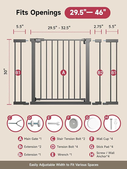29.5-46" Extra Wide Baby Gate for Stairs, Dog Gate for Doorways, Walk Thru Auto Close Metal Pet Gate for The House, Stairs and Doorways Child Gate Pressure Mounted Safety Gate Indoor - Black
