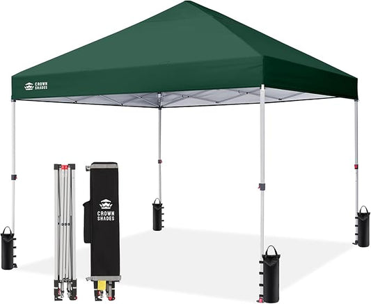 CROWN SHADES 8x8 Pop Up Canopy - Beach Tent with One Push Setup - Easy Outdoor Sun Shade for Events, Parties, Camping - Gazebo with STO-N-Go Cover Bag, Silver Coated Top, Forest Green