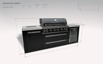Mont Alpi MAi805-BSSFC 44-inch 6-Burner 115000 BTU Black Stainless Steel Gas Outdoor Kitchen Bar Island Grill w/Wine Cooler Beverage Center Refrigerator + Infrared Side Burner + Granite Countertop