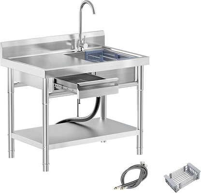 Utility Sink, Commercial Kitchen Stainless Steel Sink, 39.5'' Free Standing Single Bowl Sink with Drawer & Cold and Hot Water Pipe for Kitchen Laundry Room Farmhouse Indoor and Outdoor
