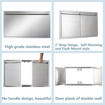 Outdoor Kitchen Door 36" W x 21" H inch Stainless Steel BBQ Double Doors Flush Mount for Outdoor Kitchen Island（Double Wall Door Panel ）