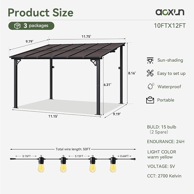 Aoxun 12’x10’ Gazebo with Light, Gazebo Pergola with Sloped Roof, Wall Mounted - Image 7