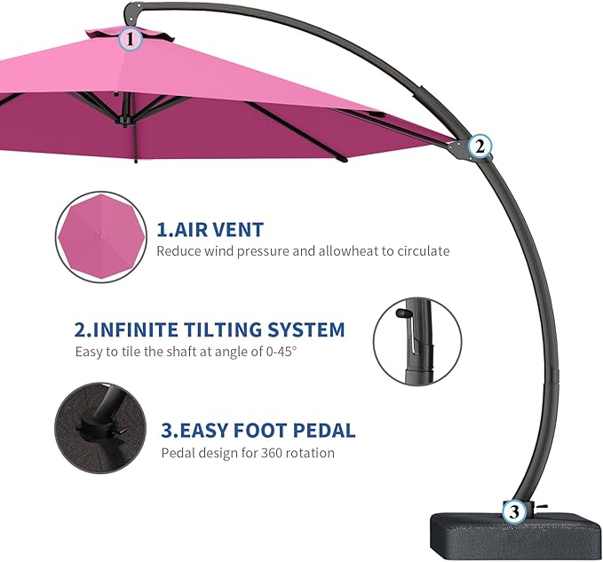 7 Piece Patio Dining Set with 11ft Patio Umbrella (Rose Pink), 7 Black Outdoor HDPE Dining Set with 6 Chairs + 1 Large Table, for Market, Pool, Garden, Backyard, Deck