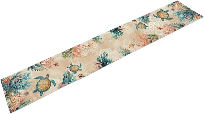 Retro Sea Turtle Table Runner, Nautical Starfish Underwater Coral Seashell Coastal Ocean Seasonal Coffee Table Center Decor for Home Kitchen Dining Patio Holiday Party Table Decorations 13"x90"