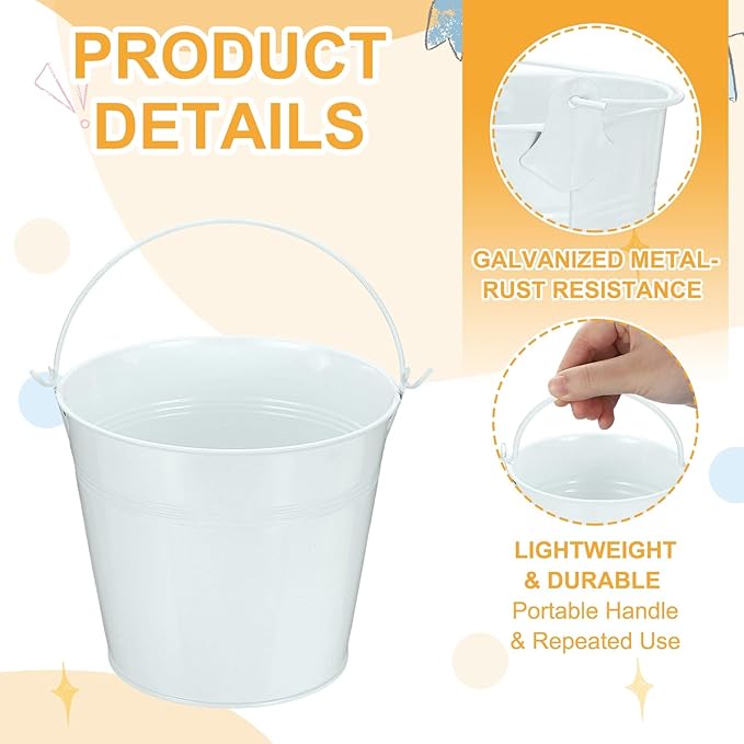 Small Metal Buckets, Mini Buckets with Handle Galvanized Colored Tin Pail Containers Basket Party Supplies - Fit for (Halloween - Classroom Crafts) 5" & 10Pcs & White