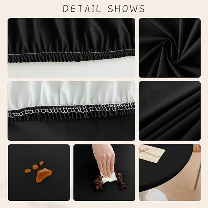 Round Fitted PU Tablecloth with High Elastic Edge 55 Inch Dia Waterproof Oil Proof Table Cloth Anti-Scald Stain-Resistant Wipeable Table Cover for Indoor Outdoor Picnic (Black,55" Dia)