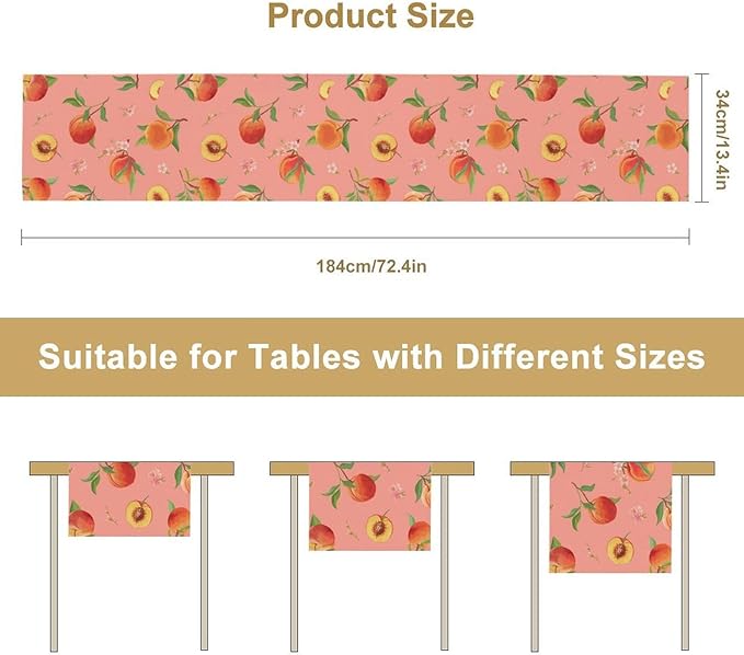 Pink Cute Peach Table Runner, Colorful Summer Fruit Floral Table Runner for Kitchen Dining Party Holiday Home 13x90in