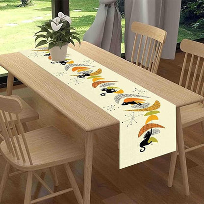 Mid Century Table Runner, Retro 1950s Black Cat Atomic Modern Abstract Coffee Table Center Decor for Home Kitchen Dining Patio Holiday Party Indoor Outdoor Table Decorations, 13"x108" Inch