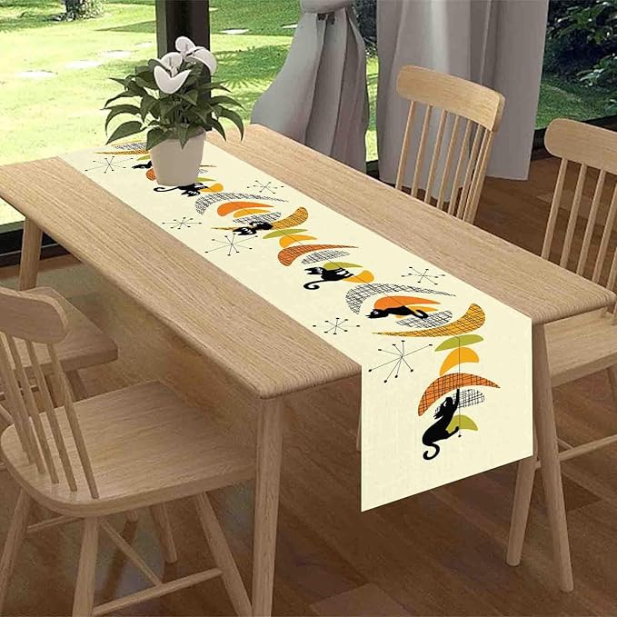 Mid Century Table Runner, Retro 1950s Black Cat Atomic Modern Abstract Coffee Table Center Decor for Home Kitchen Dining Patio Holiday Party Indoor Outdoor Table Decorations, 13"x36" Inch
