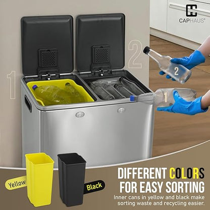 CAPHAUS Dual Trash Can with Double Lid, Trash and Recycle Bins Combo, Hands-Free Stainless-Steel Garbage Can for Kitchen, with 2 Compartment, Hinged Lid, Odor Filters, Handles, 30L+30L, 2 x 8 Gallon