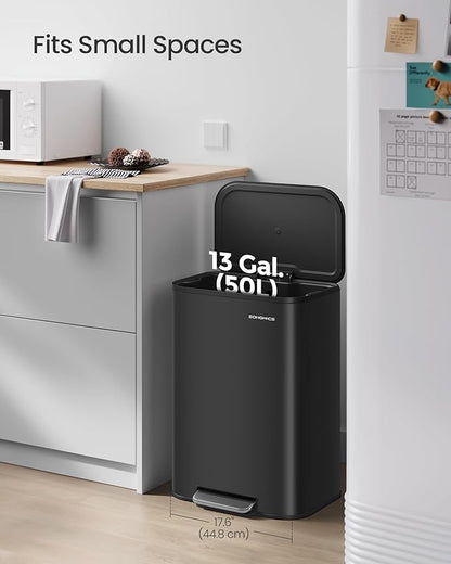 SONGMICS Kitchen Trash Can, 13-Gallon (50 L) Garbage Can with Lid, Stainless Steel, Soft Close and Stays Open, Inner Bucket, Wide Non-Slip Pedal, Ink Black ULTB547B01