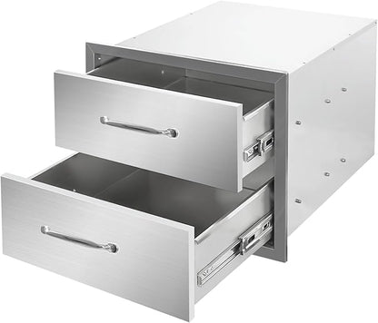 Outdoor Kitchen Drawers 18" W x 15" H x 23" D Stainless Steel Double Drawers with Ergonomic Handle for BBQ Island, Patio Grill Station & Outdoor Kitchen Cabinets