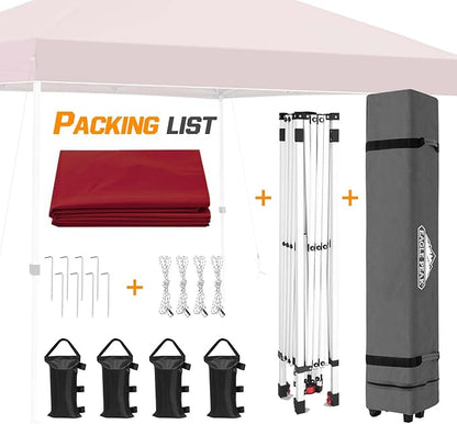 EAGLE PEAK Pop Up Canopy Tent with Wheeled Carry Bag, 8 Stakes, 4 Ropes, 4 Weight Bags, Easy Set Up Tent Canopy, 10x10 ft, 100sqft of Shade, Burgundy