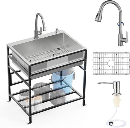30x22 Inch Stainless Steel Utility Sink-Freestanding Laundry Sink Practicality With Accessories Stainless Functional Faucet,Soap Dispenser, SS Sink Grid For Laundry,Garage,Outdoor Kitchen,Garden...