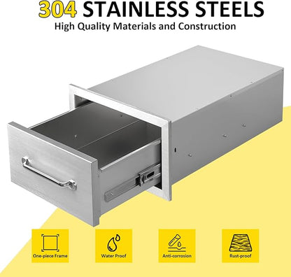 Outdoor Kitchen Drawers 14" W x 8.5" H x 23" D Flush Mount Single BBQ Drawers with Chrome Handle Built-in Stainless Steel Drawer for Outdoor Kitchen Island, Patio Grill Station