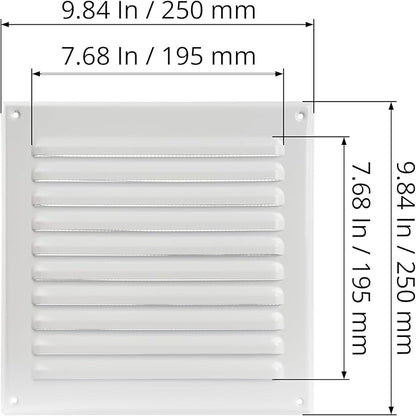 Square Ventilation Grille / 8" x 8" Inch Inside Measurement/White Metal Air Vent Louver - Inside/Outside use - / 10" x 10" Inch Outer Measurement