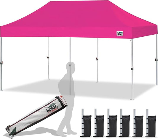 Eurmax USA 10'x20' Pop Up Canopy Tent Commercial Instant Canopies with Heavy Duty Roller Bag,Bonus 6 Sand Weights Bags (Pink)