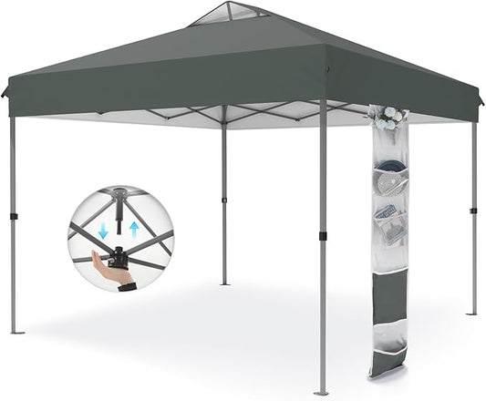 PHI VILLA 10x10ft 1-Person Setup Pop Up Canopy Tent Instant Portable Shelter w/ 1-Button Push, Case, 4 Weight Bags - Gray