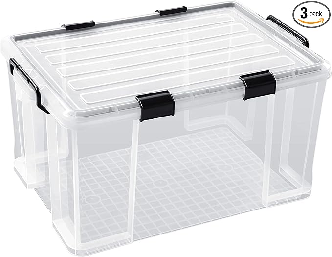 3-Pack Waterproof Plastic Storage Box, 90QT/85L Stackable Latch Box Durable Multi-Purpose Locking Bin with Lid and Black Clips for Bedding, Toys, Shoes and Clothes