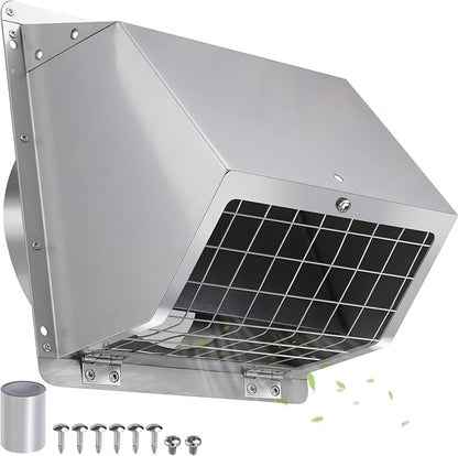 Dryer Vent Cover Outside 6 Inch Wall Vent,304 Stainless Steel Exhaust Vent Cover,External Extractor Wall Vent Cap with Mesh & Cushioned Flap,Exterior Vent Hood Outlet Air Vent for Range Hood Duct HVAC