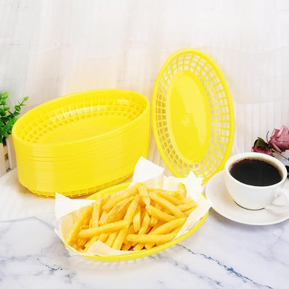 80 Pcs 9 x 5.7 Inch Reusable Oval Fast Food Baskets, Sturdy Plastic Serving Baskets for Fast Food, Parties, Picnics, BBQs and Snacks, by KUKLIPJIM.(Yellow)