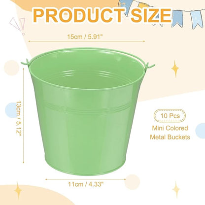 Small Metal Buckets, Mini Buckets with Handle Galvanized Colored Tin Pail Containers Basket Party Supplies - Fit for (Halloween - Classroom Crafts) 6" & 10Pcs & Light Green