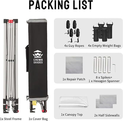 CROWN SHADES 10x10 Pop up Canopy Tent Instant Canopy with 150D Silver Coated Fabric Including 2 Half Sidewalls, 4 Ropes, 8 Stakes, 4 Weight Bags, STO 'N Go Bag, Grid White