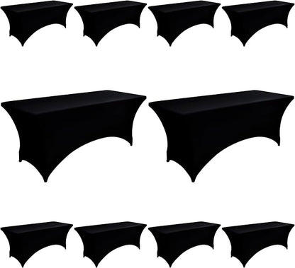 10-Pack 8ft Black Spandex Table Covers for Rectangle Folding Tables - Washable Elastic Tablecloth - Ultimate Fitted Table Protector for Parties, Trade Shows, Banquet, and Wedding