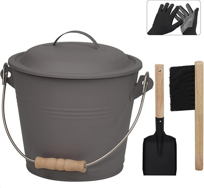 Poofzy Ash Bucket with Lid and Shovel, 1.3 Gallon Fireplace Bucket for Ashes, Includes Hand Broom and Gloves for Fire Pit, Wood Burning Stove and Grill (Gray)