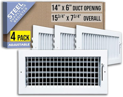 [4 Pack] Fits 14x6 Duct Opening Steel Adjustable Air Supply Grille by Handua | Register Vent Cover Grill for Sidewall and Ceiling | White | Out. Dim.: 15.75" X 7.75"