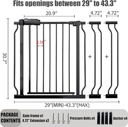 Expandable Baby & Dog Gate 38.5-43.3 Inch, Tension Mounted Indoor Safety Gate for Stairs & Doorways - Black Metal, 30 Inch Tall