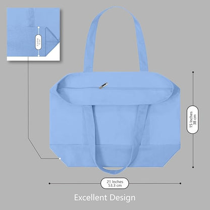 TOPDesign 6-Pack Canvas Tote Bags with an External Pocket, Reusable Grocery Shopping Bags, Top Zipper Closure, Daily Essentials (Light Blue)