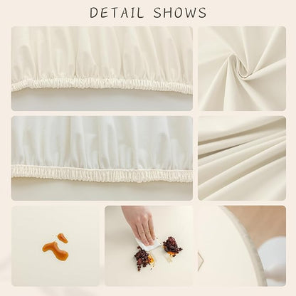 Round Fitted PU Tablecloth with High Elastic Edge 63 Inch Dia Waterproof Oil Proof Table Cloth Anti-Scald Stain-Resistant Wipeable Table Cover for Indoor Outdoor Picnic (Cream,63" Dia)