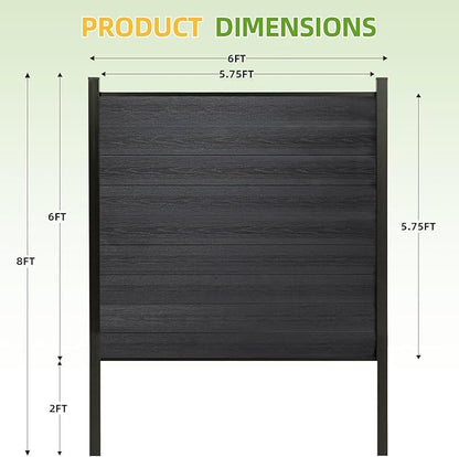 Mondaria Fence Privacy Screen with 8ft In-ground Posts, 6ft(H) x 24ft(W) Wood Plastic Composite Fence Panels Weather-Resistant Outdoor Fence for Backyard/Garden (Black, 5 Posts)