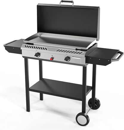 Bonnlo 2-in-1 Propane Stove and Griddle, Iginition Outdoor Gas Cooker with Storage Shelf and Portable Wheels, 2 Burner Camping Stove with 150000BTU Output for Backyard Cooking BBQ Frying and Boiling