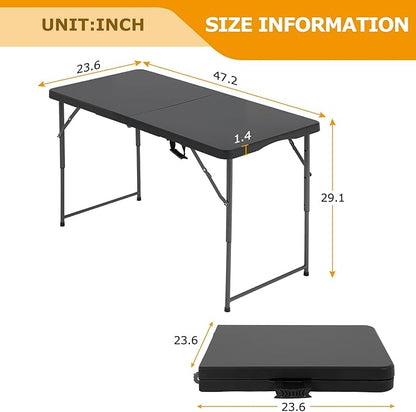 FDW 4FT Folding Table Half Portable Foldable Table Picnic Table for Office Home Camping Party (Black, 4 FT)