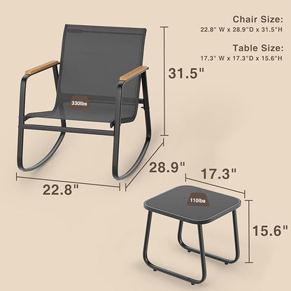 3 Pieces Patio Furniture Set Textilene Outdoor Rocking Set, A Tempered Glass - Image 7