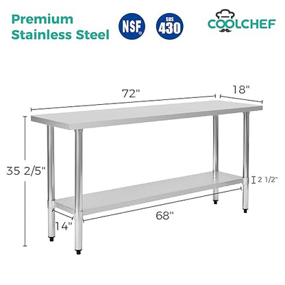 Stainless Steel Work Table 18 x 72 Inch, NSF Commercial Prep Table with Undershelf, Heavy Duty Food Prep Workstation