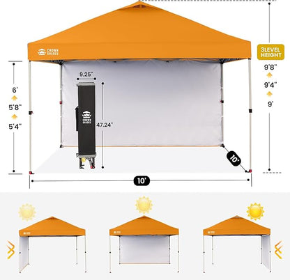 CROWN SHADES 10x10 Pop Up Canopy with 1 Side Wall - Beach Tent with One Push Setup - Outdoor Sun Shade for Events, Parties, Camping - Gazebo with STO-N-Go Cover Bag (Orange)