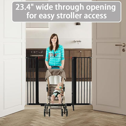 40.55" Tall 1.37" Ultra Narrow Spacing Dogs Pets Baby Gate with Door for Doorway Cat Safety Proof Indoor 73.43"-81.30" Extra Wide Puppy Pressure Mounted No Drill White Black Metal Hallway