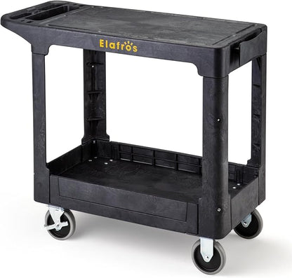 ELAFROS Heavy Duty Plastic Utility Cart Flat top 37 x 18.8 Inch - Work Cart Flat Shelves and 2 Fixed 2 Swivel Wheels Safely Holds up to 550 lbs - 2 Tier Service Cart for Warehouse,Garage, Black