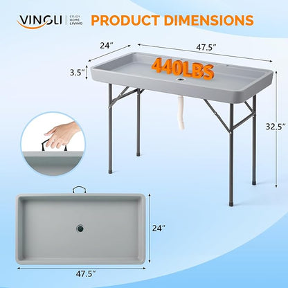 VINGLI 46" Extra LargeFolding Party Ice Cooler, Portable Tailgate Camp Fishing Cleaning Table, Plastic with Matching Skirt, Ice Table for Party, BBQ, Camping, Picnic (Grey)