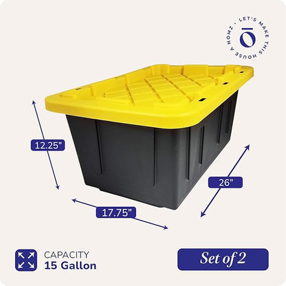 HOMZ 2-Pack Durabilt, Heavy Duty Plastic Storage Bins with Lids, 15 Gallon, Black/Yellow - Stackable Container Boxes for Home, Attic, and Garage Organization