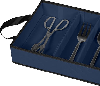 Flatware Storage Case - Durable 5 Compartment Silverware Storage Container Box with Removable Lid and Easy to Carry Handles - Large Capacity Keeps Your Cutlery Organized & Protected - Blue