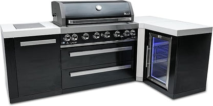 Mont Alpi MAi805-BSS90FC Black Stainless Steel 90 Degree Corner Gas Outdoor Kitchen Bar Island Grill w/Wine Cooler Beverage Center Refrigerator + Infrared Side & Rear Burners + Granite Countertop