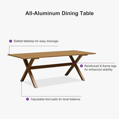 PURPLE LEAF 9 Pieces Outdoor Dining Set All Weather Wicker Patio Dining Set with Rectangular Aluminum Table and Modern Armrest Dining Chairs for Garden Deck Backyard Kitchen, Teak