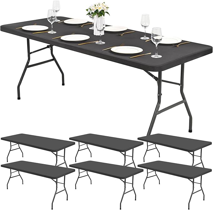 6 Pack Stretch Fabric Table Top Cap Cover, Gray Table Covers fits 8Ft Tables, Washable Elastic Universal Rectangle Tablecloth Protector for Indoor Outdoor Party Picnic Wedding (30" W x 96" L)