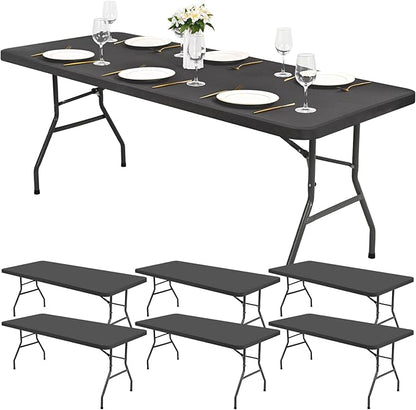 6 Pack Stretch Fabric Table Top Cap Cover, Gray Table Covers fits 8Ft Tables, Washable Elastic Universal Rectangle Tablecloth Protector for Indoor Outdoor Party Picnic Wedding (30" W x 96" L)