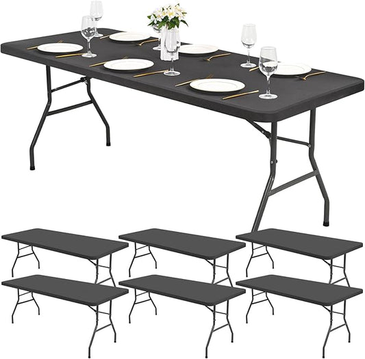 6 Pack Stretch Fabric Table Top Cap Cover, Gray Table Covers fits 8Ft Tables, Washable Elastic Universal Rectangle Tablecloth Protector for Indoor Outdoor Party Picnic Wedding (30" W x 96" L)